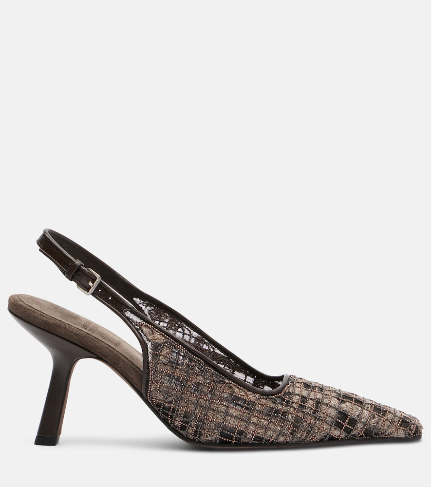 Brunello Cucinelli Beaded checked leather-trimmed slingback pumps (Brown) - Mid Heel Pumps