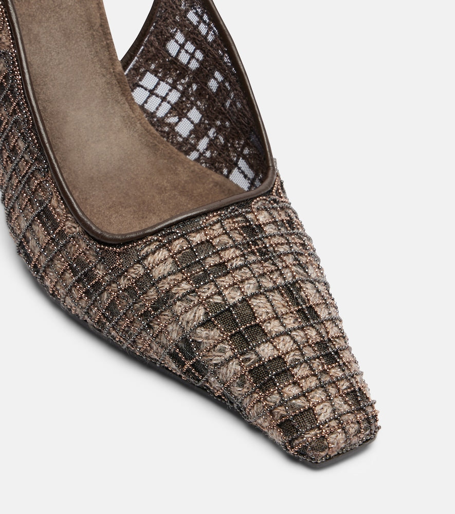 Brunello Cucinelli Beaded checked leather-trimmed slingback pumps (Brown) - Mid Heel Pumps