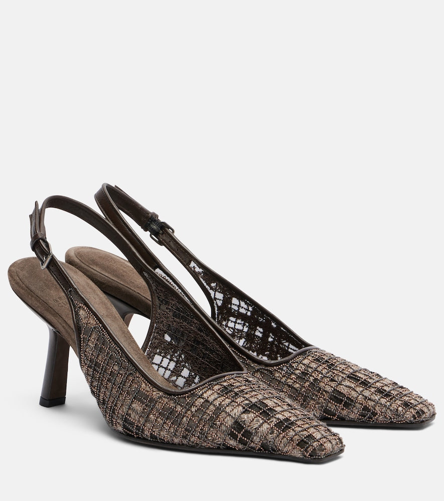 Brunello Cucinelli Beaded checked leather-trimmed slingback pumps (Brown) - Mid Heel Pumps
