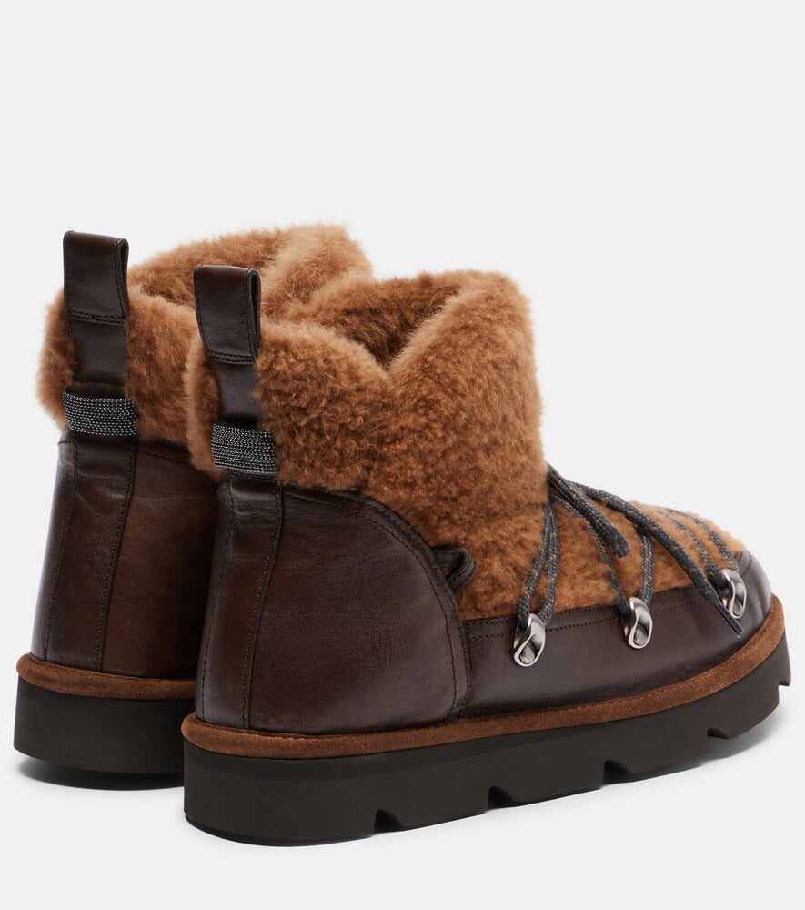 Brown Brunello Cucinelli Monili leather and shearling lace-up boots - Flat Boots