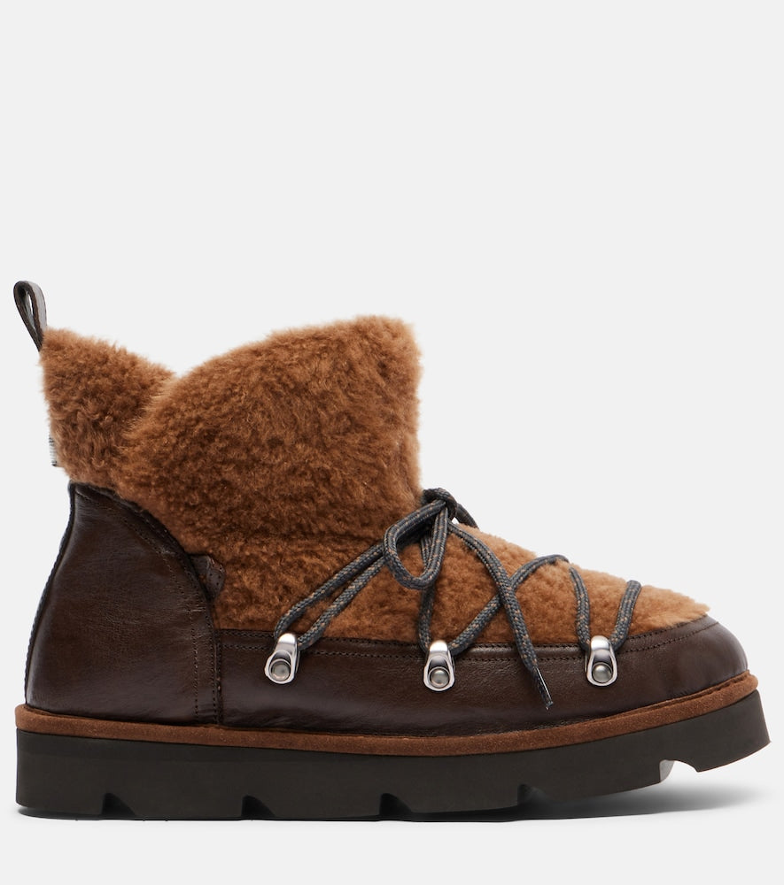 Brown Brunello Cucinelli Monili leather and shearling lace-up boots - Flat Boots