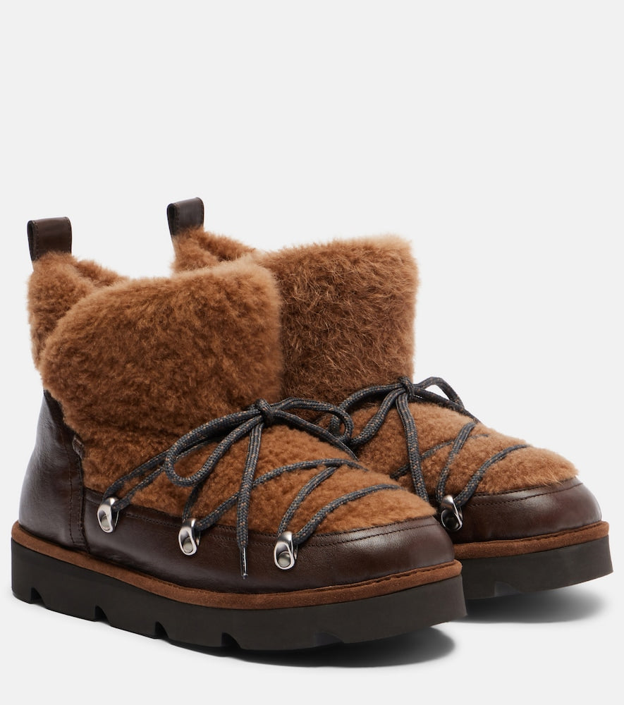 Brown Brunello Cucinelli Monili leather and shearling lace-up boots - Flat Boots