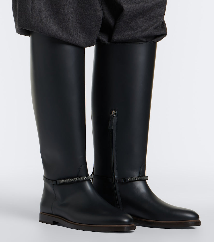 Black Brunello Cucinelli Monili leather knee-high boots - Flat Boots