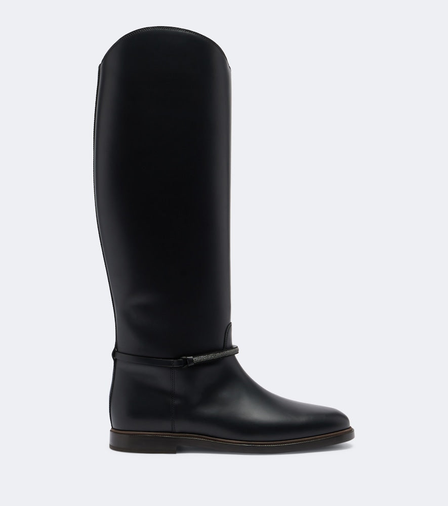 Black Brunello Cucinelli Monili leather knee-high boots - Flat Boots