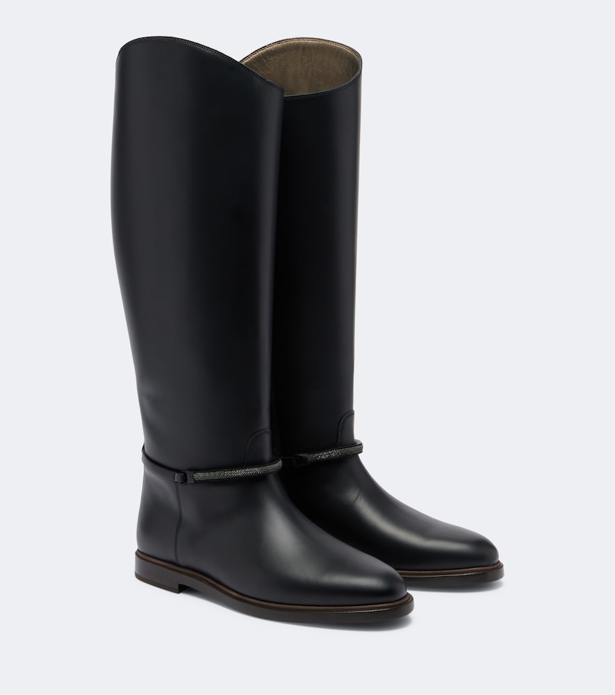 Black Brunello Cucinelli Monili leather knee-high boots - Flat Boots
