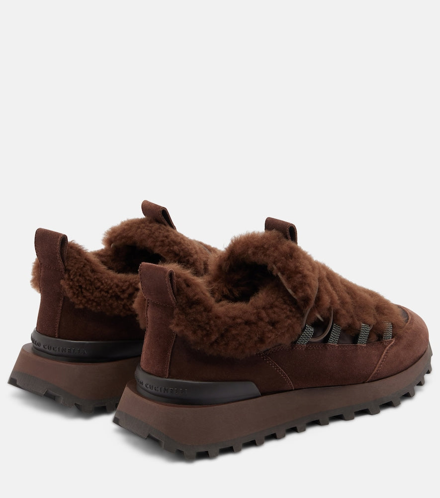 Brown Brunello Cucinelli Monili shearling-trimmed suede sneakers - Low-Top Sneakers