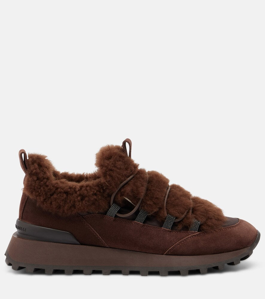 Brown Brunello Cucinelli Monili shearling-trimmed suede sneakers - Low-Top Sneakers