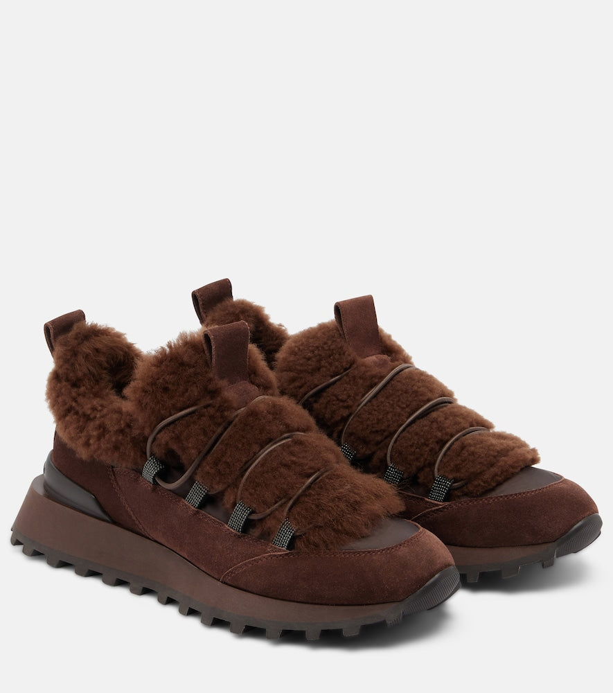 Brown Brunello Cucinelli Monili shearling-trimmed suede sneakers - Low-Top Sneakers