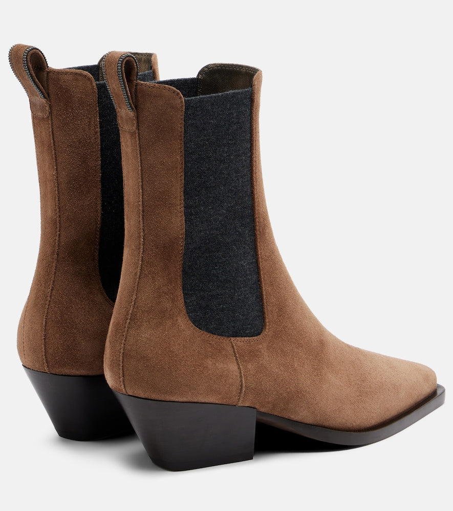 Brunello Cucinelli Monili suede Chelsea boots (Brown) - Mid Heel Boots