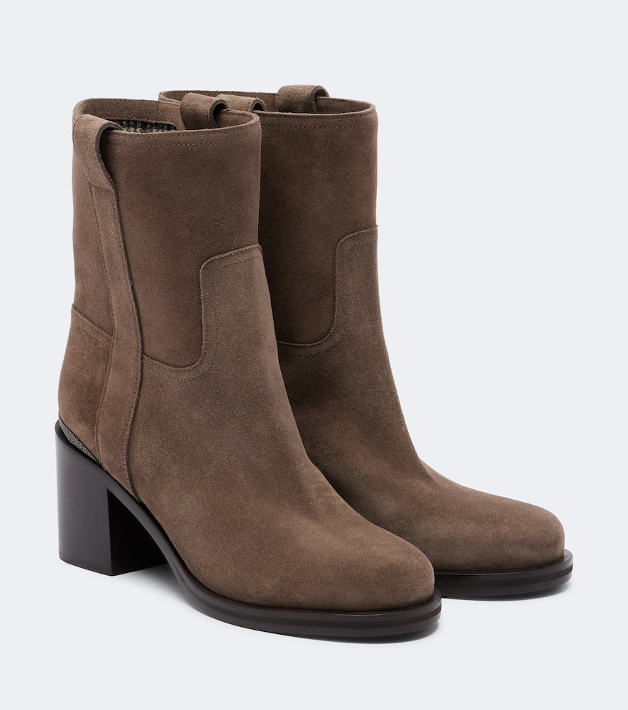 Brunello Cucinelli Monili suede ankle boots (Brown) - Mid Heels