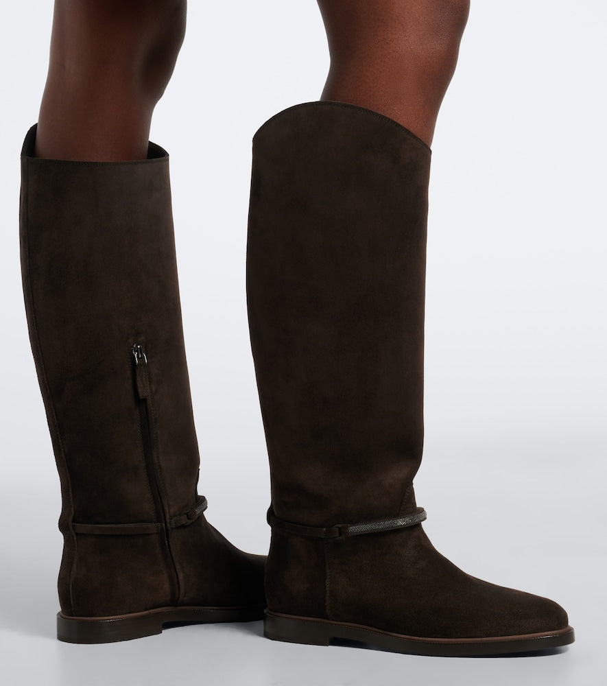 Brown Brunello Cucinelli Monili suede knee-high boots - Flat Boots