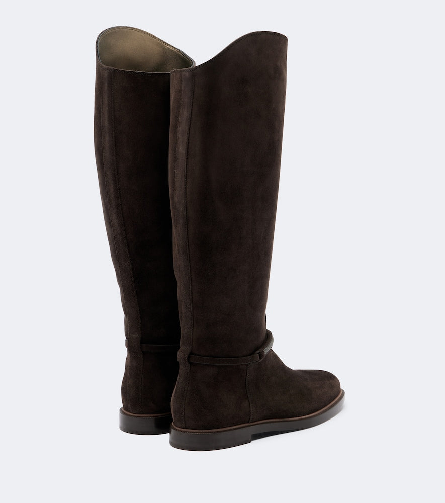 Brown Brunello Cucinelli Monili suede knee-high boots - Flat Boots