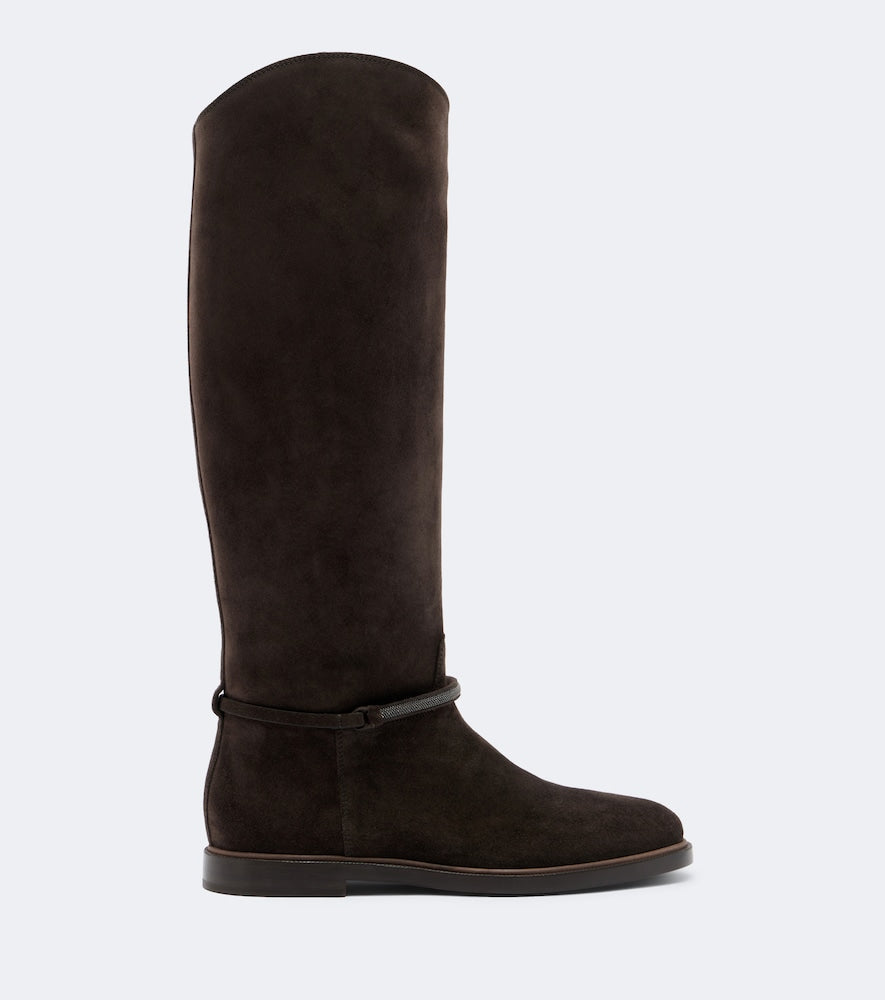 Brown Brunello Cucinelli Monili suede knee-high boots - Flat Boots