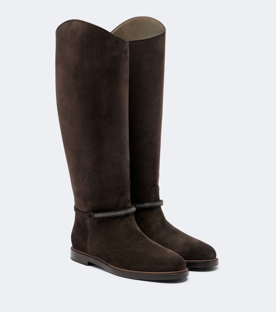 Brown Brunello Cucinelli Monili suede knee-high boots - Flat Boots