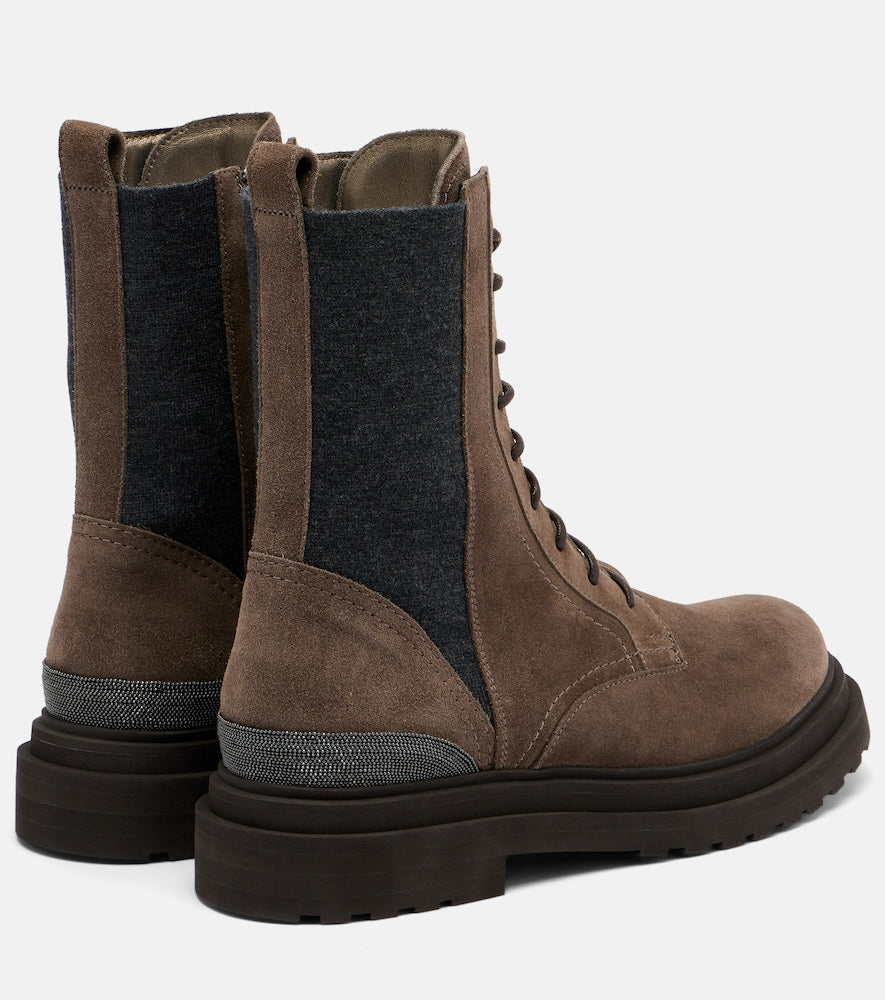 Brunello Cucinelli Monili suede lace-up boots (Brown) - Flat Boots