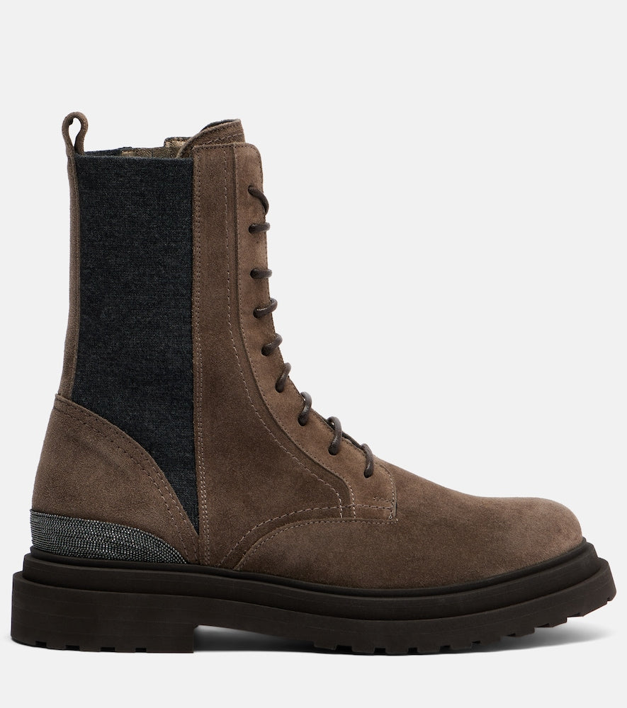 Brunello Cucinelli Monili suede lace-up boots (Brown) - Flat Boots