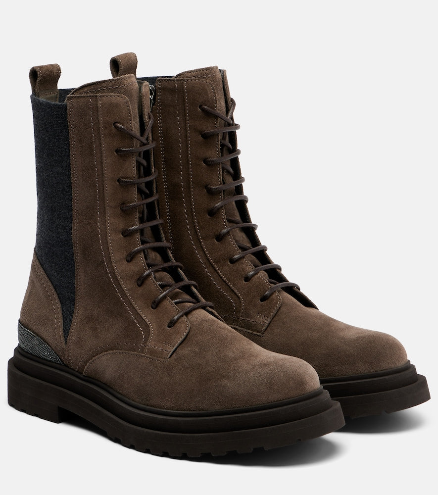 Brunello Cucinelli Monili suede lace-up boots (Brown) - Flat Boots