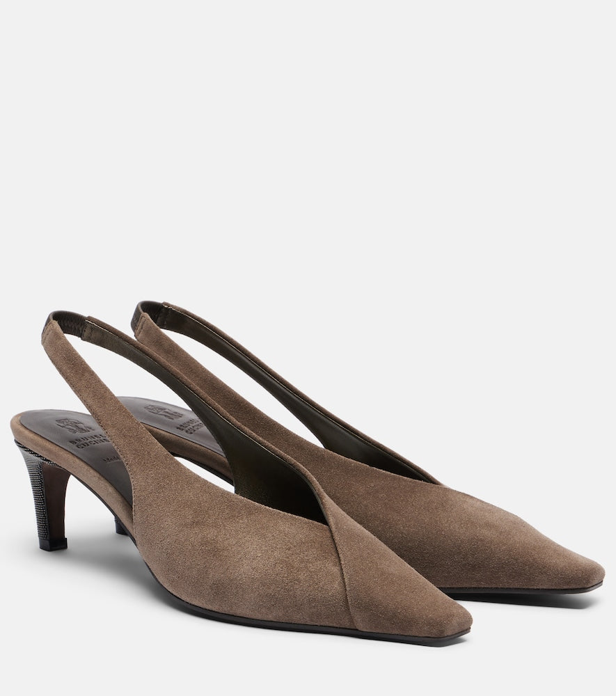 Brown Brunello Cucinelli Suede slingback pumps - Mid Heel Pumps