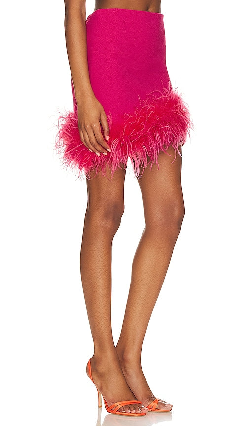 Bubish Perla Crepe Diagonal Feather Trim Skirt in Fuchsia