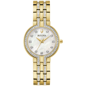 Bulova Crystal Box Set Crystal Accent Mother of Pearl Dial Gold-Tone Bracelet Watch and Necklace Set 30mm - 98X138