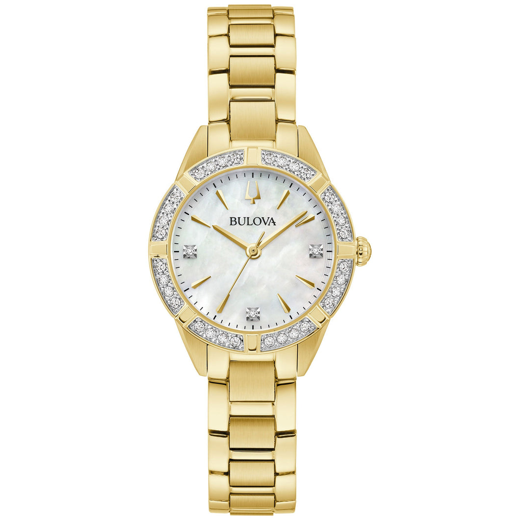 Bulova Sutton Classic Diamond Accent Mother of Pearl Dial Gold Tone Stainless Steel Bracelet Watch 28mm - 98R297