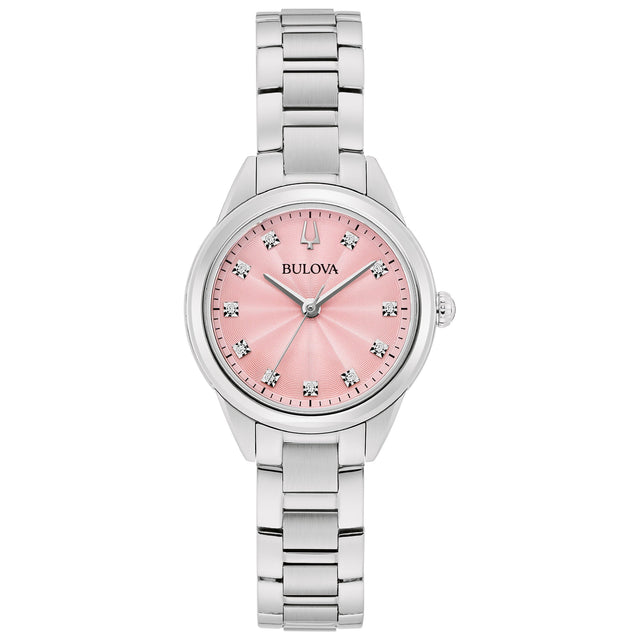 Bulova Sutton Pink Diamond Dial Stainless Steel Watch 28mm - 96P249