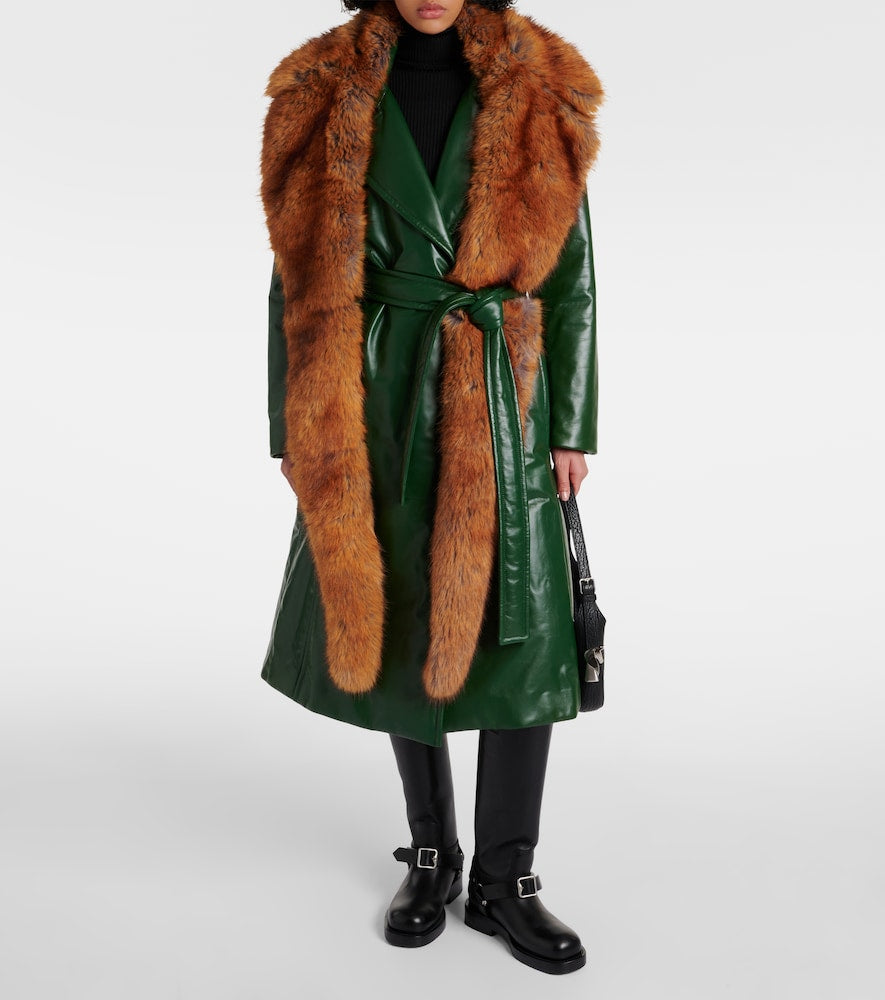 Burberry Faux fur-trimmed leather coat