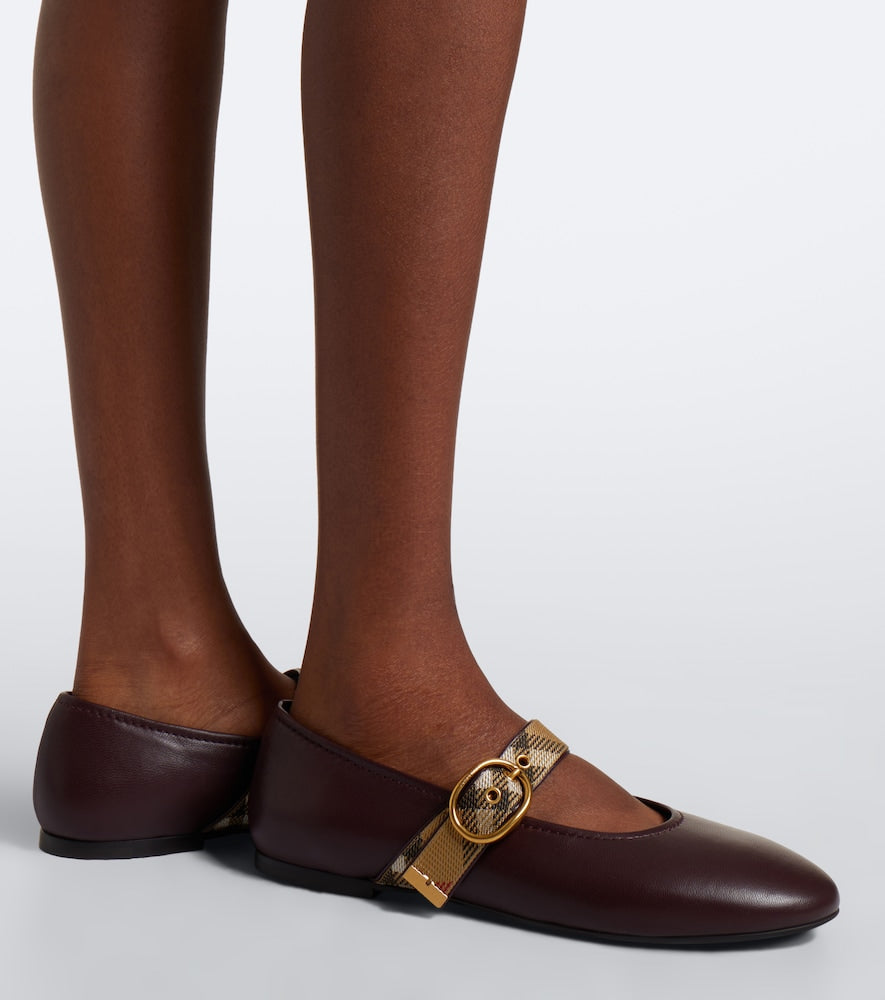 Burberry Burberry Check leather Mary Jane flats - Burgundy Ballerina Flats