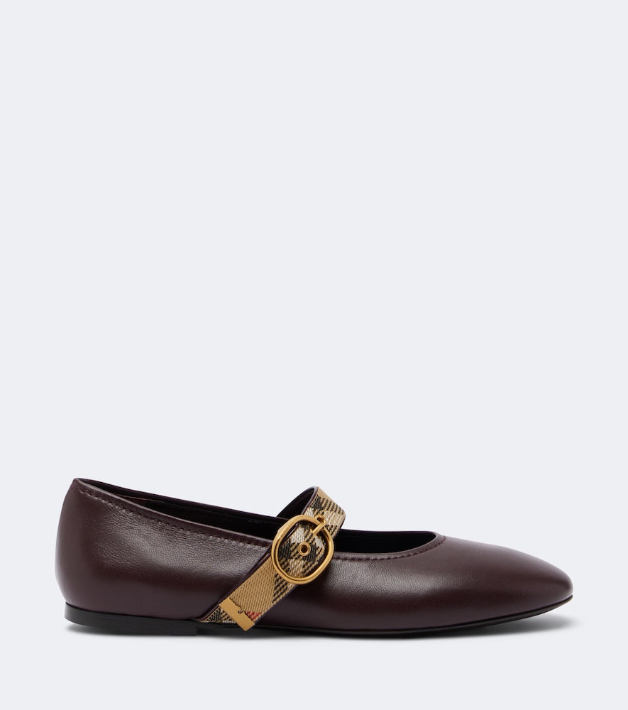 Burberry Burberry Check leather Mary Jane flats - Burgundy Ballerina Flats