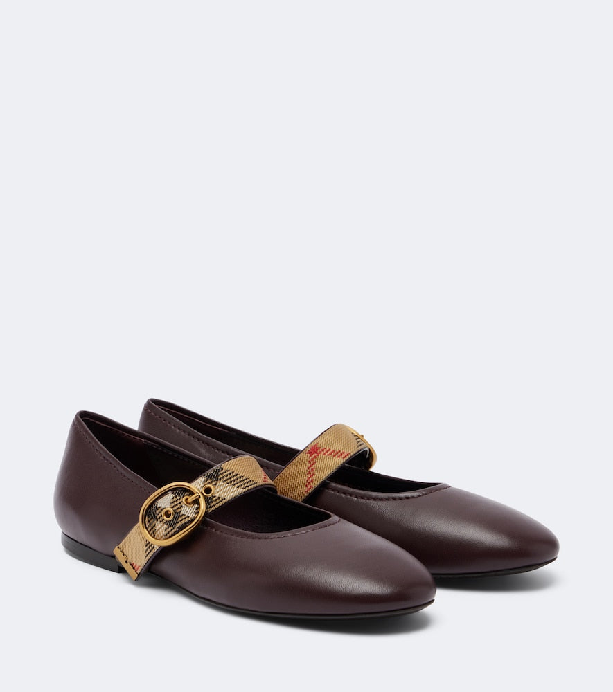 Burberry Burberry Check leather Mary Jane flats - Burgundy Ballerina Flats