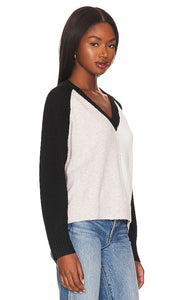 Central Park West Myla V-neck Raglan Sweater in White,Black