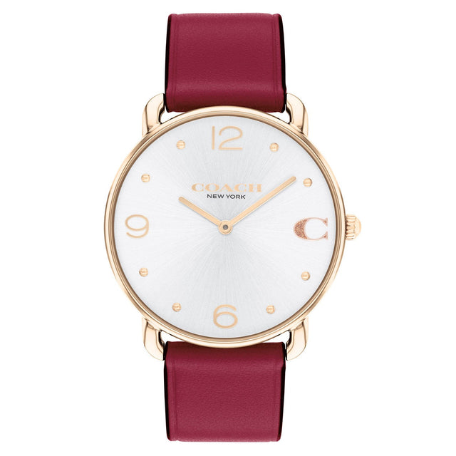 COACH Elliot Silver-Tone Dial Cranberry Leather Strap Watch 36mm - 14504204