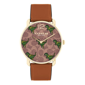 COACH Elliot T-Rex-Pattern Dial and Brown Saddle Leather Strap Watch 36mm - 14504284