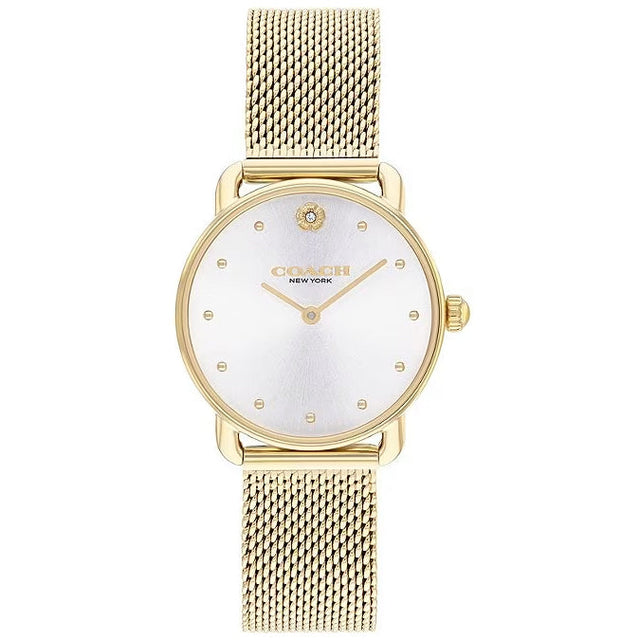 COACH Elliot White Sunray Dial Mesh Yellow Gold-Tone Stainless Steel Bracelet Watch 28mm - 14504223