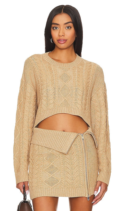 Camila Coelho Carmen Cropped Cable Crew in Tan - Camila Coelho - Carmen - Col ras du cou court - Fauve - Camila Coelho Carmen 黄褐色短款电缆上衣 - Camila Coelho Carmen – Kurz geschnittenes Cable Crew in Hellbraun - Camila Coelho Carmen 크롭 케이블 크루 탠 색상 - Camila Coelho Carmen, squadra di cavi ritagliata in marrone chiaro
