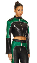 Camila Coelho Cropped Moto Biker Leather Jacket in Green,Black