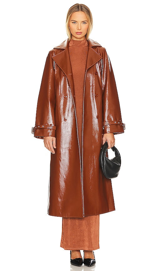 Camila Coelho Eugenia Faux Patent Trench Coat in Brown