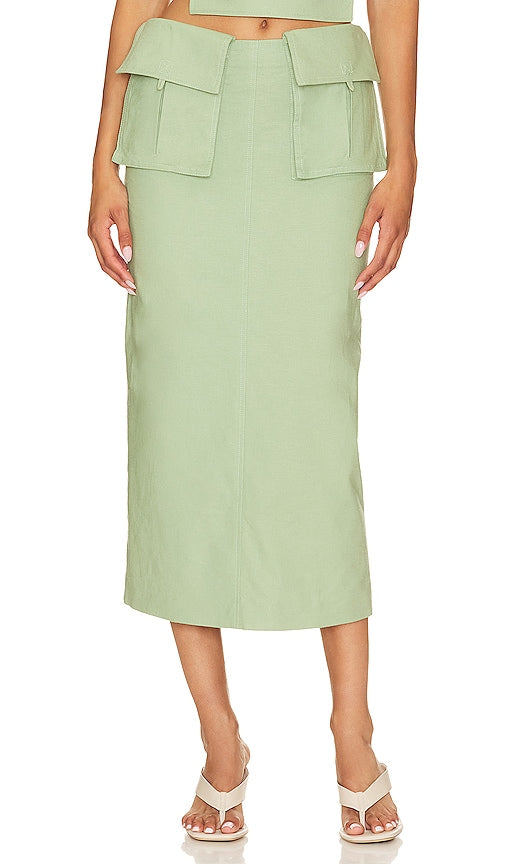 Camila Coelho Rousseau Midi Skirt in Sage - Camila Coelho Jupe mi-longue Rousseau en sauge - Camila Coelho Rousseau 鼠尾草色中长半身裙 - Camila Coelho Rousseau Midirock in Salbei - Camila Coelho Rousseau 미디 스커트 - Gonna longuette Camila Coelho Rousseau color salvia