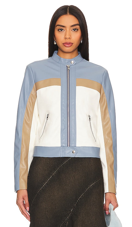 Central Park West Carson Faux Leather Moto Jacket in Blue