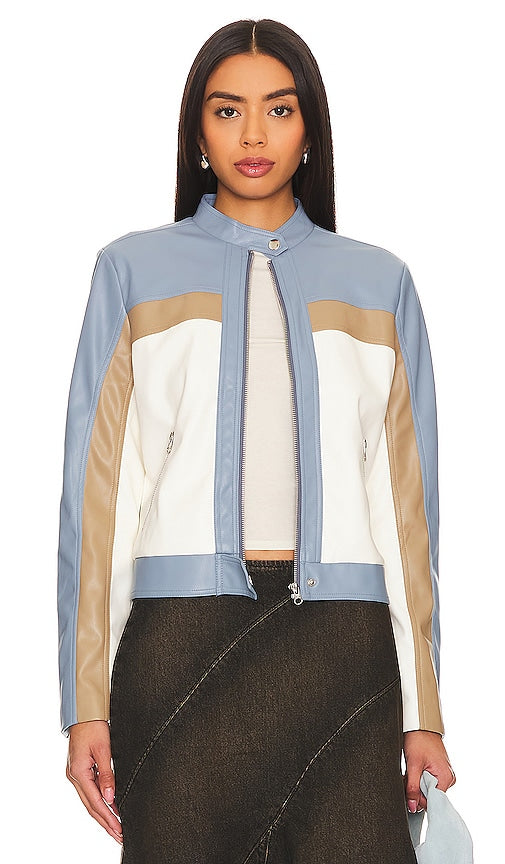 Central Park West Carson Faux Leather Moto Jacket in Blue - Central Park West - Carson - Veste de moto en similicuir - Bleu - Central Park West Carson 蓝色人造皮革机车夹克 - Central Park West Carson Motorradjacke aus Kunstleder in Blau - Central Park West Carson 인조 가죽 모토 재킷 블루 색상 - Giacca da moto in ecopelle Central Park West Carson in blu