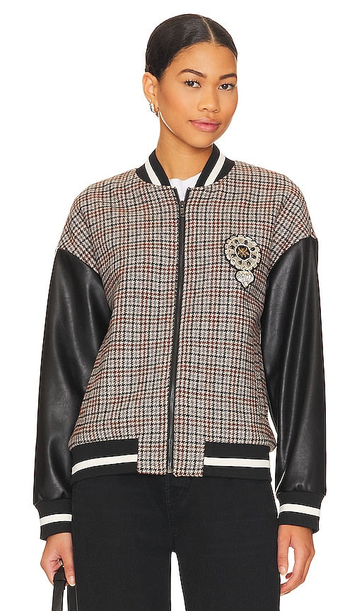 Central Park West Dallas Faux Leather Patch Bomber in Beige