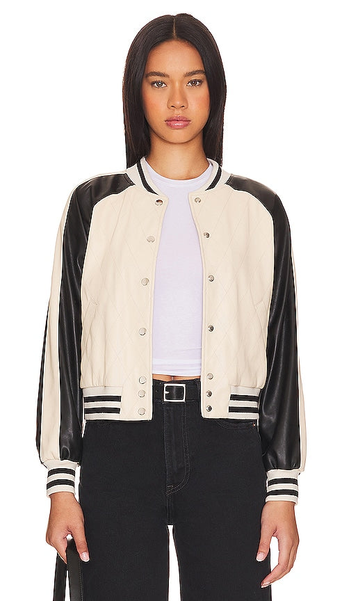 Central Park West Issa Quilted Bomber in Ivory,Black