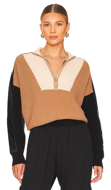 Central Park West Shavon Faux Leather Half Zip in Tan - Central Park West Shavon en similicuir à demi-fermeture éclair - Fauve - Central Park West Shavon 黄褐色人造皮革半拉链 - Central Park West Shavon Kunstleder-Halbreißverschluss in Hellbraun - Central Park West Shavon 인조 가죽 하프 지퍼(탠 브라운) - Mezza zip in ecopelle Central Park West Shavon color marrone chiaro
