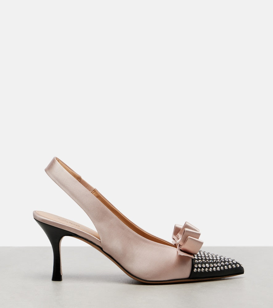 Chloe Alba studded leather-trimmed satin pumps