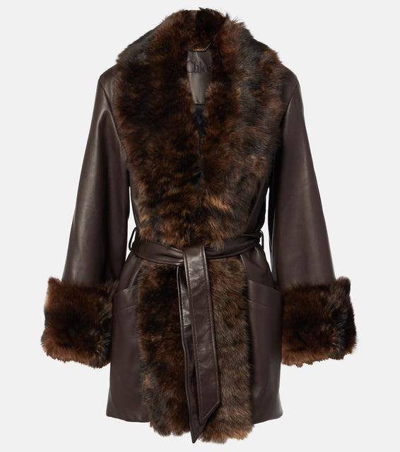 Chloe Shearling-trimmed leather wrap jacket