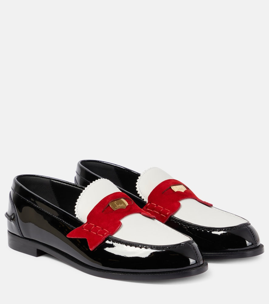 Christian Louboutin Penny suede-trimmed patent leather penny loafers - Christian Louboutin 麂皮饰边漆皮便士乐福鞋