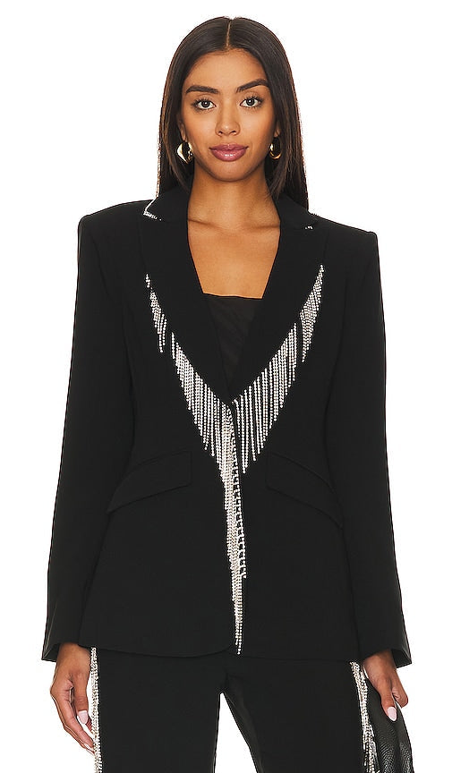 Cinq a Sept Rhinestone Fringe Embellished Cheyenne Blazer in Black - Cinq à Sept - Blazer Cheyenne orné de franges en strass - Noir - Cinq a Sept 水钻流苏装饰黑色夏安西装外套 - Cinq a Sept Cheyenne-Blazer mit Strassfransenverzierung in Schwarz - Cinq a Sept 라인스톤 프린지 장식 샤이엔 블레이저 블랙 색상 - Blazer Cheyenne decorato con frange di strass Cinq a Sept in nero