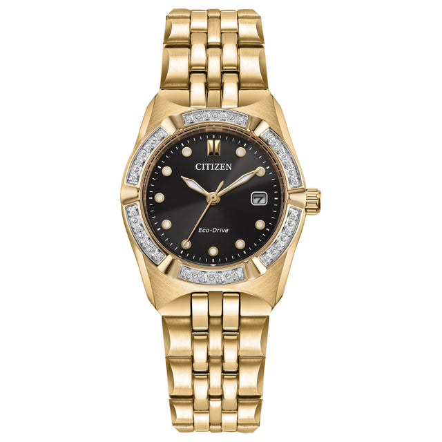 Citizen Corso Diamond Accent Black Dial Gold-Tone Stainless Steel Bracelet Watch 28mm - EW2712-55E