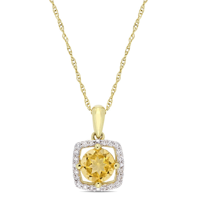 Citrine and 1/10ctw Diamond Halo Yellow Gold Pendant Necklace