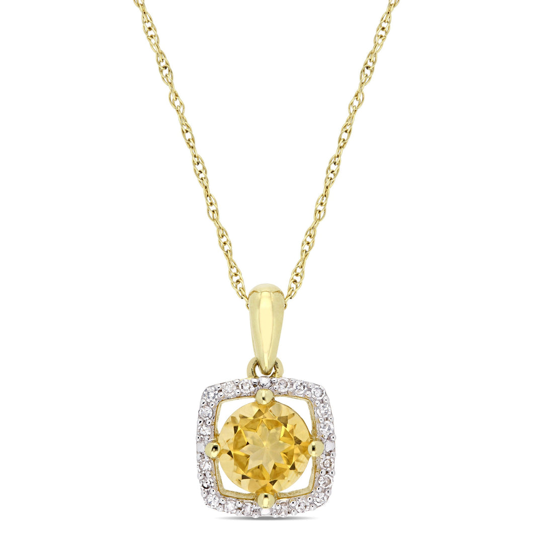 Citrine and 1/10ctw Diamond Halo Yellow Gold Pendant Necklace